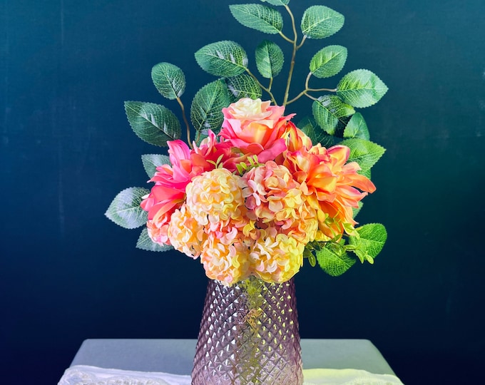 Hydrangea, Dahlia, roses, artificial flower arrangement, in a beautiful frosted textured crystal vase