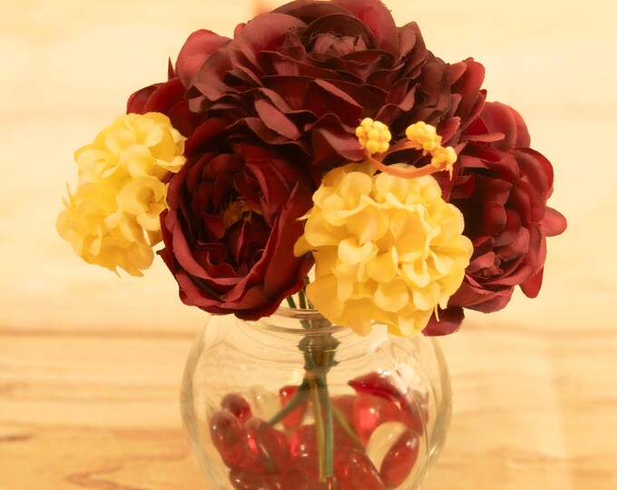 Faux Flower Arrangement with Roses, Daisies, Peonies, Mini Hydrangea in Crystal Vase - Perfect Home Décor or Gift Idea