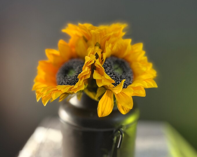 Golden Glow, large sunflowers in a rustic pail, artificial flower arrangement