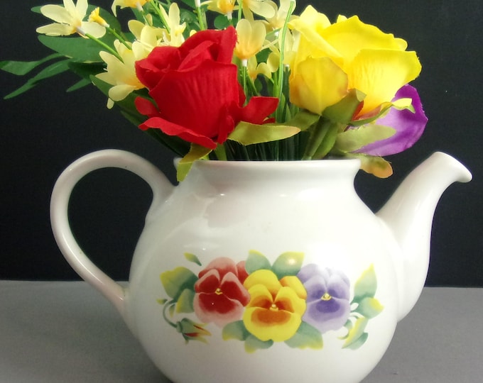 Tea Time Blossoms, Roses, Daffodils, willow branch, in a rustic ceramic tea pot, artificial flower arrangement