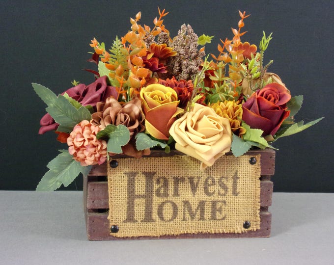 Cozy Holiday Table Centerpiece - Orange Eucalyptus with Aromatic Roses and Dahlias in a rustic box