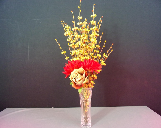 Holiday Floral Arrangement, Red Mums, Red & Gold Roses in Crystal Vase | Orange Glass Filler | Festive Table Centerpiece, Christmas Decor