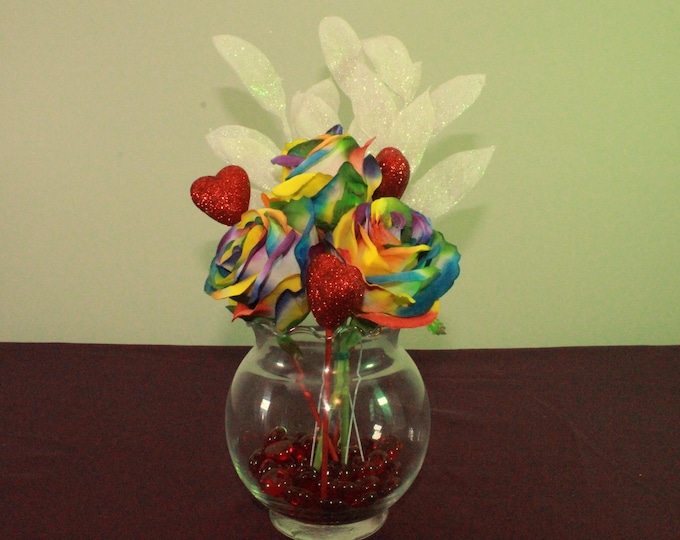 Vibrant Rainbow Rose Pride Arrangement with Sparkling Hearts – Perfect Valentine’s Day Gift