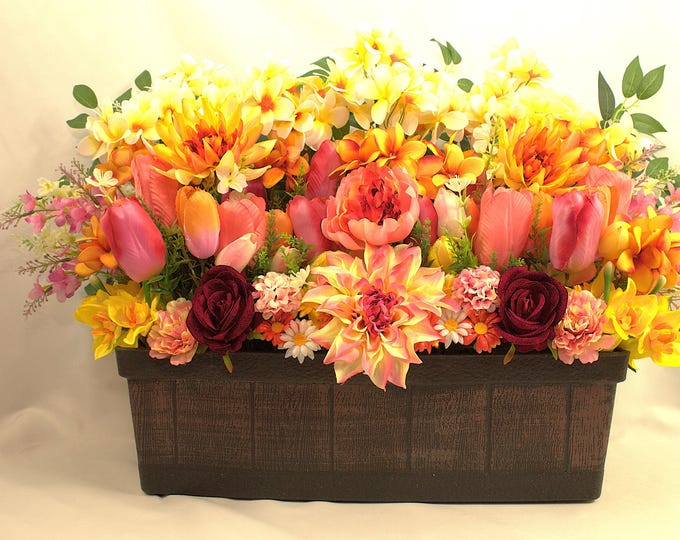 Vibrant Faux Flower Box – Tulips, Dahlias, Plumeria & Roses – Silk Spring Floral Arrangement