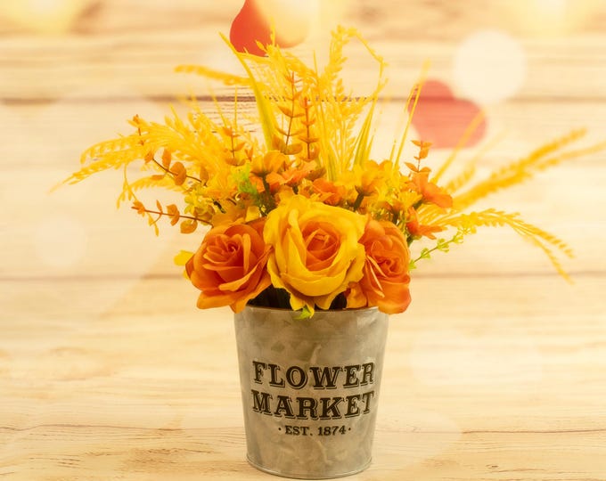 Rustic Faux Flower Arrangement with Yellow Roses & Wheat Stems in Flower Market Tin Can