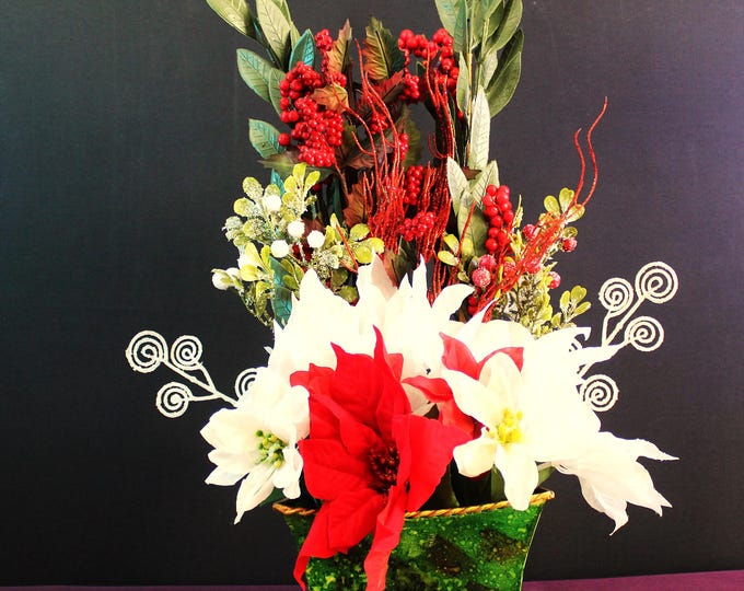 Red & White Poinsettia, Red and White Holly Berry Strands, and Winter Greens in a Green Vase with Gold Rope – Perfect Christmas Centerpiece