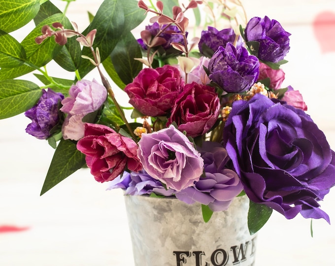 Rustic Flower Market Tin with Purple Roses & Pink Blooms