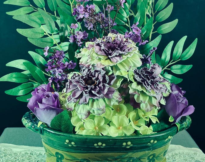 Lavender Fields, green & Purple Dinner Plate Dahlia, Purple Roses, Baby's Breath, and Splintered Hydrangea, artificial flower centerpiece