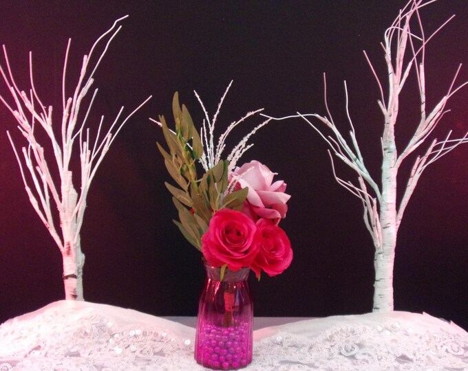 Hot Pink and Pink Roses in full bloom with Willow Leaf, in a beautiful Purple Vase, with Pearl like filler, arrangement, Princess Pinky