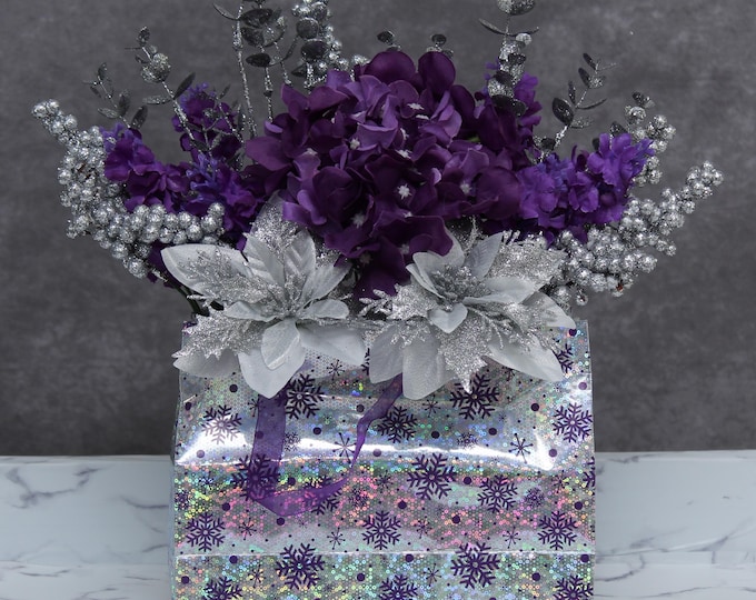 Purple Hydrangea & Silver Poinsettia Christmas Centerpiece | Faux Winter Floral Arrangement | Holographic Snowflake Gift Bag Decor