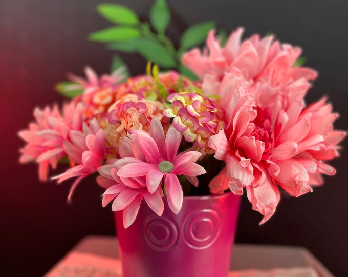 Spring Floral Centerpiece Artificial flowers Trio - Hydrangeas, Daisies, Dahlia, in a Quaint Pink Rustic Vase