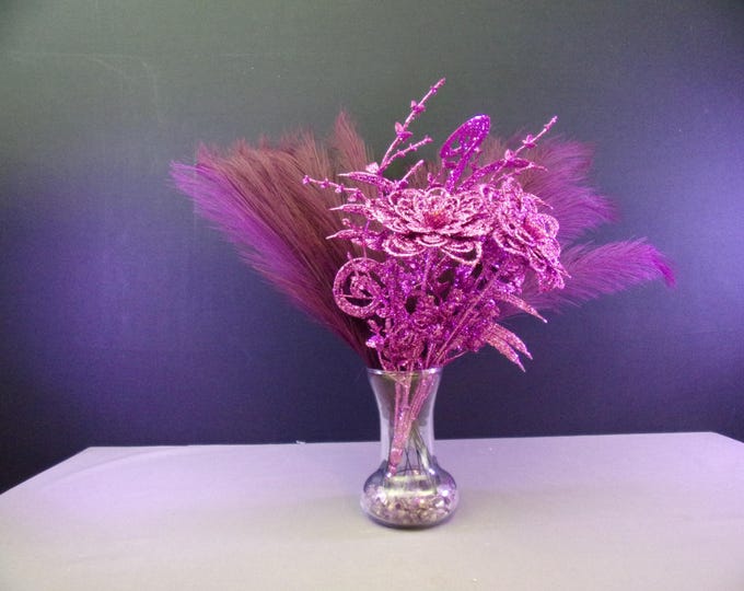 Purple Glitter Plant, Pampas Grass Arrangement with Amethyst Stone in a Flute Glass Vase – Faux Flower Arrangement for Home Decor & Gifts
