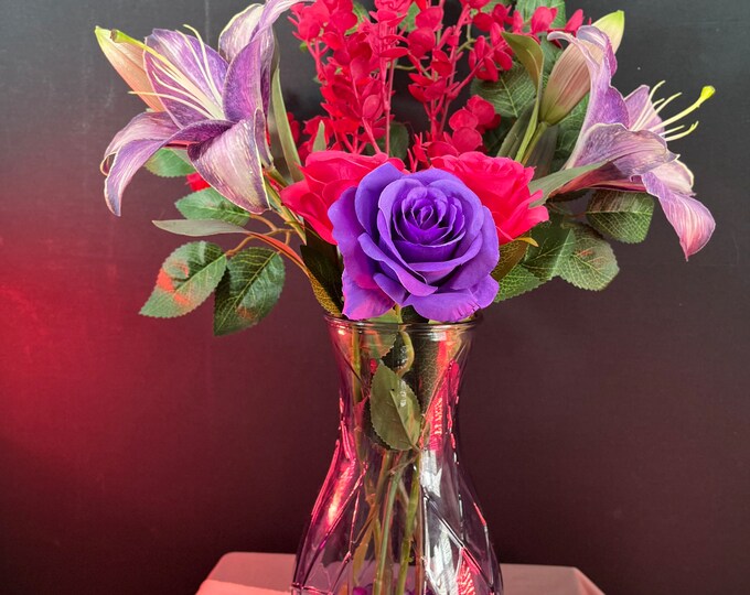 Purple & Hot Pink Roses, Lilies, Pink Eucalyptus,  and Banyan Leaves Artificial Flower Arrangement