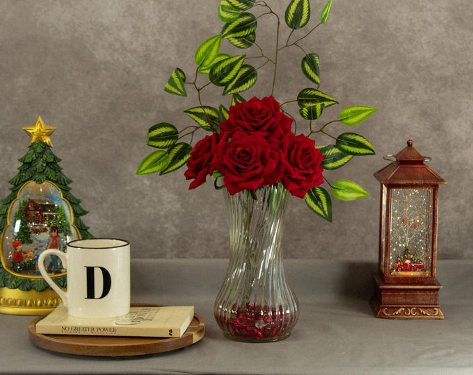Red Rose Faux Flower Arrangement in Textured Glass Vase, Valentine’s Day Gift, Romantic Home Decor Centerpiece, Banyan Branch