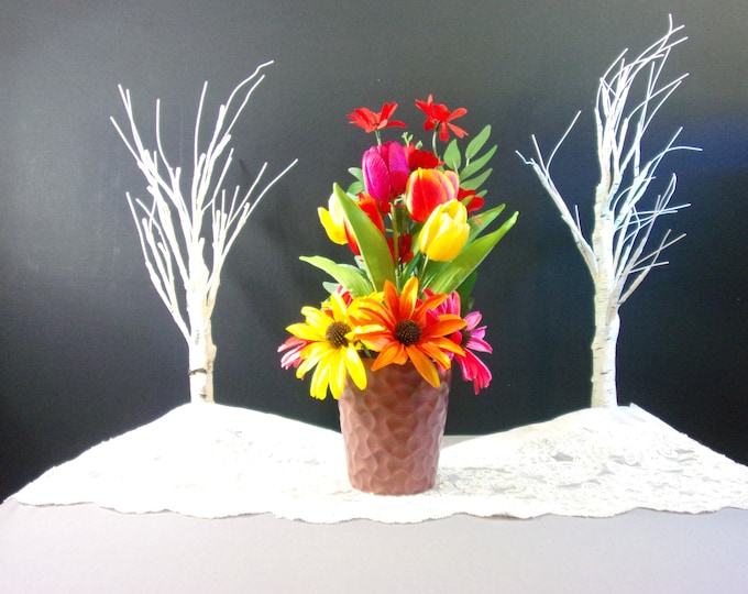 Floral Fiesta, Tulips, Red Daisies, and Sunflowers with a Willow Branch in a decorative Burgundy Vase, artificial flower arrangement