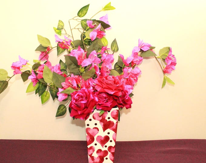 Romantic Red Roses & Bougainvillea Silk Floral Arrangement in Heart Vase – Perfect Valentine’s Day, Anniversary, or Gift Décor
