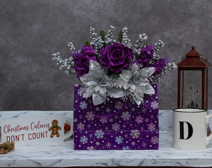 Purple & Silver Christmas Centerpiece | Faux Rose + Silver Poinsettia Winter Arrangement | Snowflake Gift Bag | Holiday Table Decor