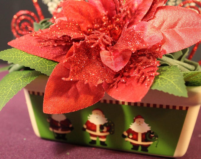 Red Poinsettia & Rose Christmas Centerpiece – Candy Swirls, Frosted Branches in Santa Vase – Holiday Table Decor