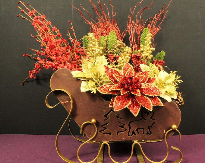 Faux Flower Sleigh Centerpiece | Red & Gold Poinsettias, Jasmine, LED Lights | Holiday Table Décor