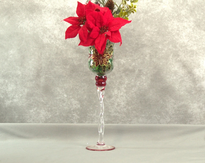Red Poinsettia Christmas Arrangement in Oversized Hand Blown Wine Glass | Tall Holiday Centerpiece | Pine Branches & Berry Winter Decor