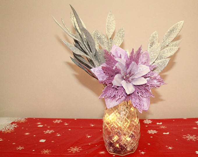 Poinsettia, White Sparkle Eucalyptus Branches, LED Lights, and Stone Vase Filler, elegant holiday centerpiece