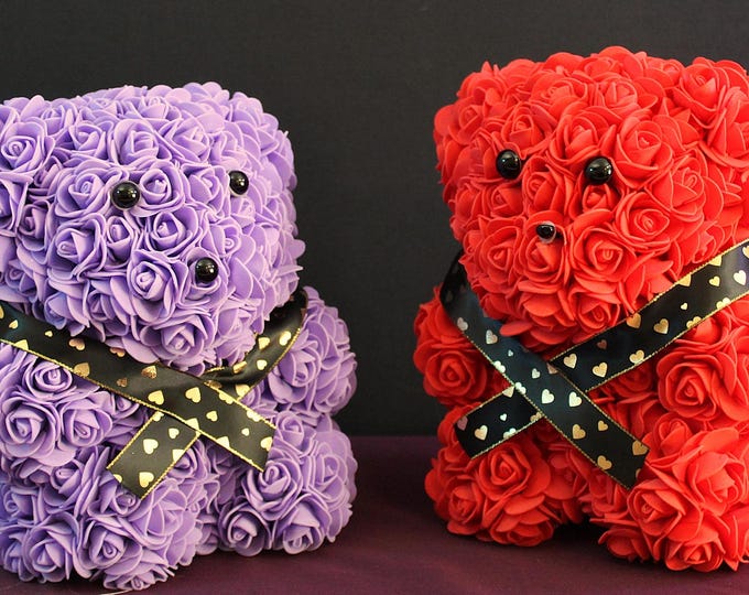 Handcrafted Rose Covered Teddy Bear – Red or Purple Roses with Gold/Black Ribbon – Unique Gift for Special Occasions
