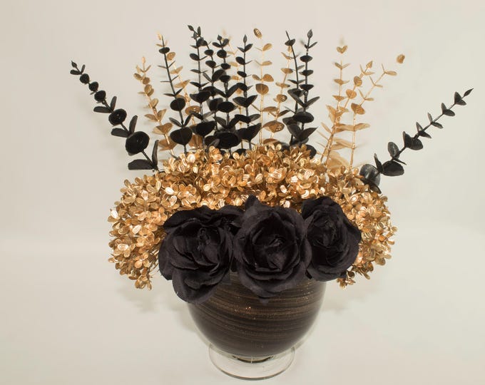 Faux Floral Centerpiece • Modern Home Decor • Black Roses • Gold Eucalyptus