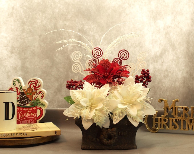 Red & White Poinsettia Christmas Centerpiece – Red Glitter Poinsettias, Holly Berries, LED Lights in Rustic Stone Vase