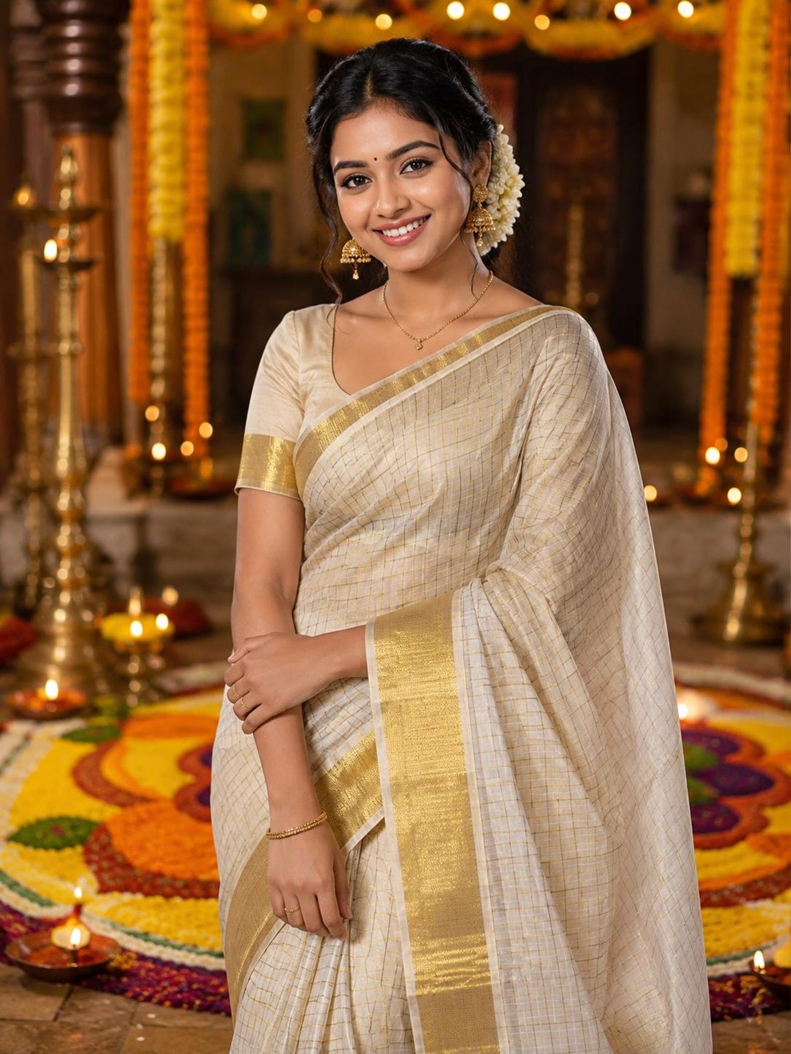 Kerala Kasavu Cotton Saree | Cream & Gold Checked Saree | Traditional Onam Saree | Rich Gold Border | With Blouse Piece