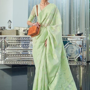 Pistachio Green Organza Woven Saree, Art Silk, Silk fabric with Embroidered, Resham, Thread