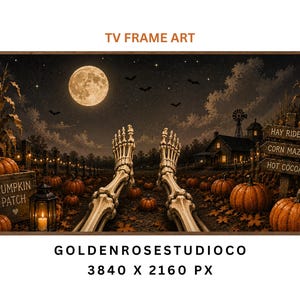 May include: A rectangular TV frame art display featuring a night scene with a full moon, bats, and a pumpkin patch. Two skeleton feet are in the foreground. Wooden signs read Hay Rides, Corn Maze, and Hot Cocoa. Text includes TV FRAME ART and GOLDENROSESTUDIOCO 3840 X 2160 PX.