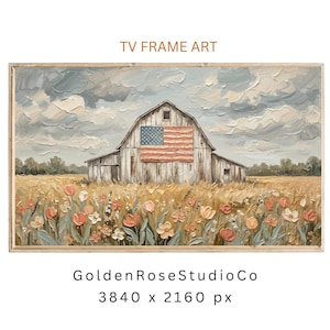 May include: A framed painting of a weathered barn with an American flag, set against a field of flowers and a cloudy sky. The artwork is labeled "TV FRAME ART" and is from GoldenRoseStudioCo.