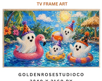 Summerween Ghost Pool Party Frame TV Art, décoration tropicale d'Halloween (téléchargement numérique)