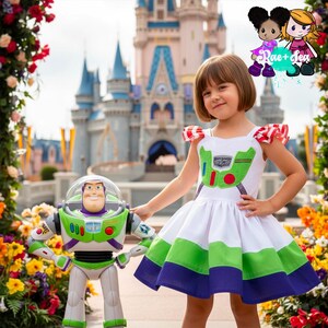 Puede incluir: Una niña con un vestido blanco con detalles verdes y morados, similar a un disfraz de Buzz Lightyear, está junto a una figura de acción de Buzz Lightyear. El vestido presenta un panel verde en el pecho y detalles de hombros a rayas rojas y blancas. El fondo incluye un castillo y flores.