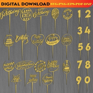 28 Toppers de bolo de feliz aniversário SVG, arquivos de corte a laser para topper de bolo, moldura de guirlanda circular, download digital do arquivo Glowforge para corte a laser