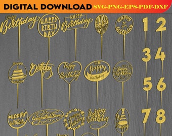 28 Happy Birthday Cake toppers SVG, Cake topper Laser Cut Files, Circle Wreath frame Digital Download Glowforge File for laser cutting