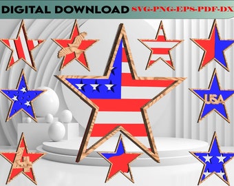 10 4th of July Stars Laser Cut File, Stars Shelf Sitter Laser Cut File, Patriotic Laser Designs, American Flag Stars SVG, Layer Star Laser
