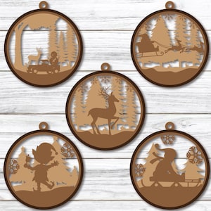 Décorations d&#39;arbre boules artisanat suspendu boule de neige scène enneigée cerf pochoir de sculpture découpé au laser Glowforge téléchargement numérique couches ornement DXF