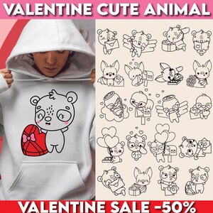 May include: A white hoodie with a black line drawing of a cute bear holding a heart-shaped box with a bow on it. The text "VALENTINE CUTE ANIMAL" is at the top of the image and "VALENTINE SALE -50%" is at the bottom of the image. There are 20 other black line drawings of cute animals with Valentine's Day themes.