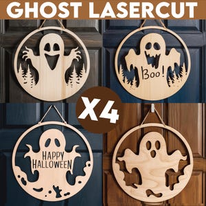 May include: Four wooden ghost cutouts with different designs. The ghosts are hanging on a door. One ghost says "Boo!" Another says "Happy Halloween".