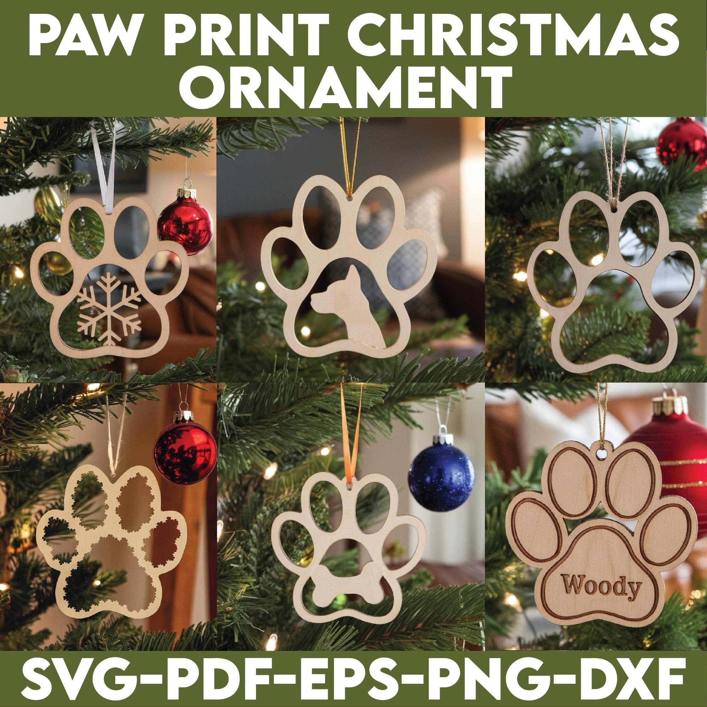 6 Paw Print Christmas Tree Decoration Digital File SVG Laser Glowforge Memory Hanging Dog Pet Lightburn Ornament Christmas Decor Lasercut