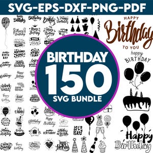 Pacote svg de feliz aniversário, png de feliz aniversário, bolo de aniversário svg, topo de bolo de feliz aniversário svg, arquivos SVG para Cricut, clipart de aniversário