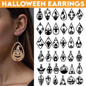 May include: A selection of laser-cut wooden Halloween earrings with spooky designs. The earrings feature pumpkins, ghosts, and bats. One earring is worn, featuring a pumpkin design with the word "RIP". The text "HALLOWEEN EARRINGS" is at the top. The earrings are made of wood.