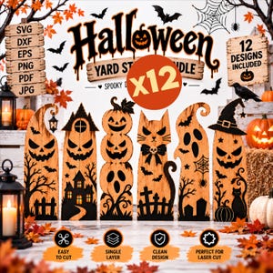 May include: A digital Halloween yard sign bundle featuring 12 designs including pumpkins, a cat, a haunted house, and ghosts. The graphics are displayed in black on a light wood texture background with text labels for SVG, DXF, EPS, PNG, PDF, and JPG.