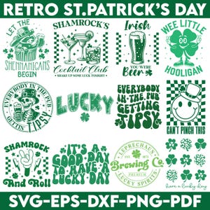 May include: A set of 10 digital designs featuring retro-style illustrations and text related to St. Patrick's Day. The designs include shamrocks, leprechauns, beer, and other Irish symbols. The text includes phrases like "Let the Shenanigans Begin", "Lucky", and "It's a Good Day to Have a Lucky Day".