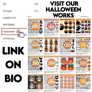 Op de afbeelding: Een productlijst met digitale downloads van Halloween-thema SVG-bestanden. De afbeelding toont verschillende ontwerpen, waaronder spookhuizen, vleermuizen, pompoenen en heksensilhouetten. Tekst bevat "Visit Our Halloween Works" en "Link on Bio."