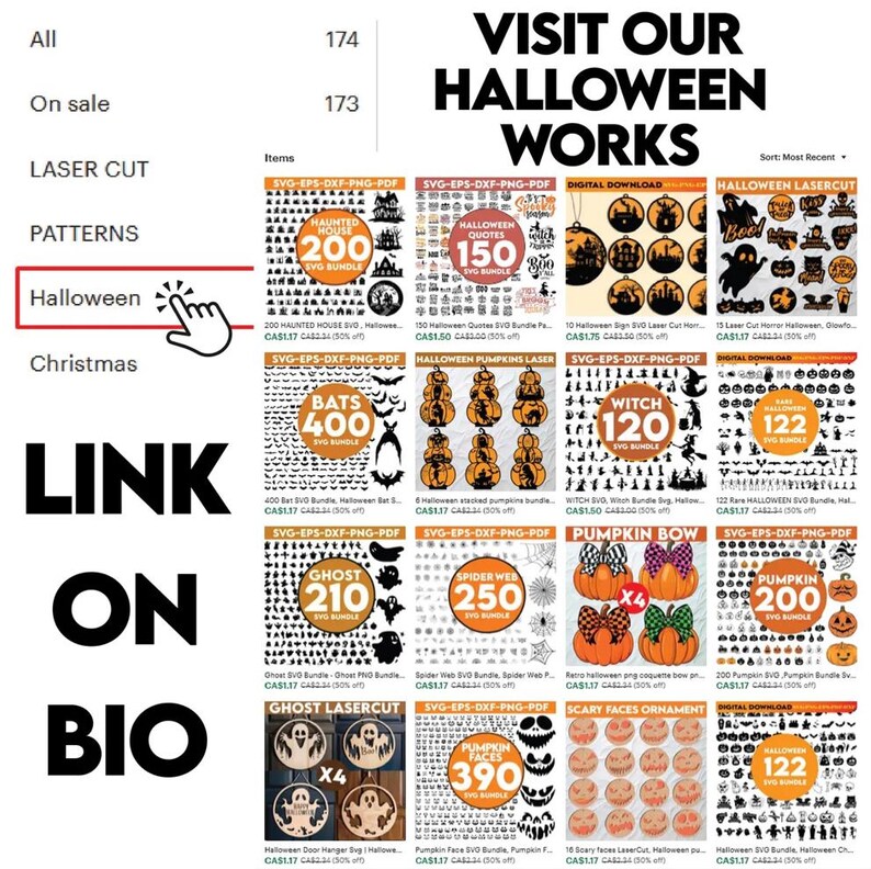 Op de afbeelding: Een productlijst met digitale downloads van Halloween-thema SVG-bestanden. De afbeelding toont verschillende ontwerpen, waaronder spookhuizen, vleermuizen, pompoenen en heksensilhouetten. Tekst bevat "Visit Our Halloween Works" en "Link on Bio."