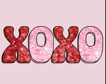 May include: XOXO in red and pink glitter letters. The letters are outlined in black.