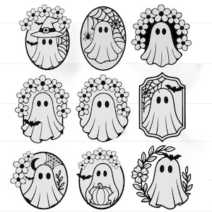 May include: Nine black and white Halloween-themed ghost designs. Each ghost is in a different oval or circular frame, with bats, spiderwebs, flowers, and a witch's hat. The ghosts have simple, rounded shapes and two eye dots.