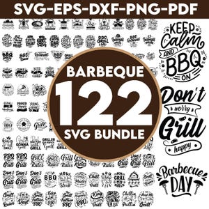 May include: A collection of 122 BBQ-themed SVG files in various formats, including EPS, DXF, PNG, and PDF. The designs feature grilling quotes and illustrations, perfect for crafting projects and barbecue enthusiasts.